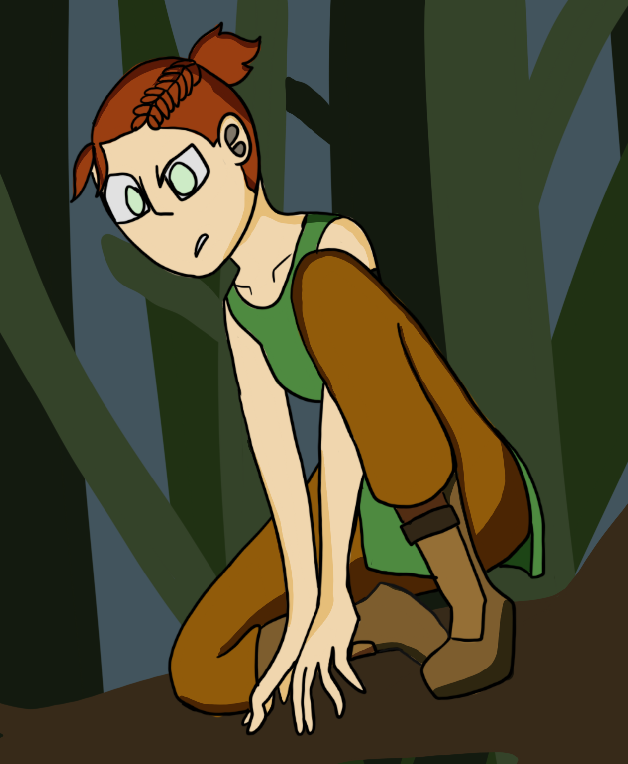 a young woman in a tree, looking below with concern